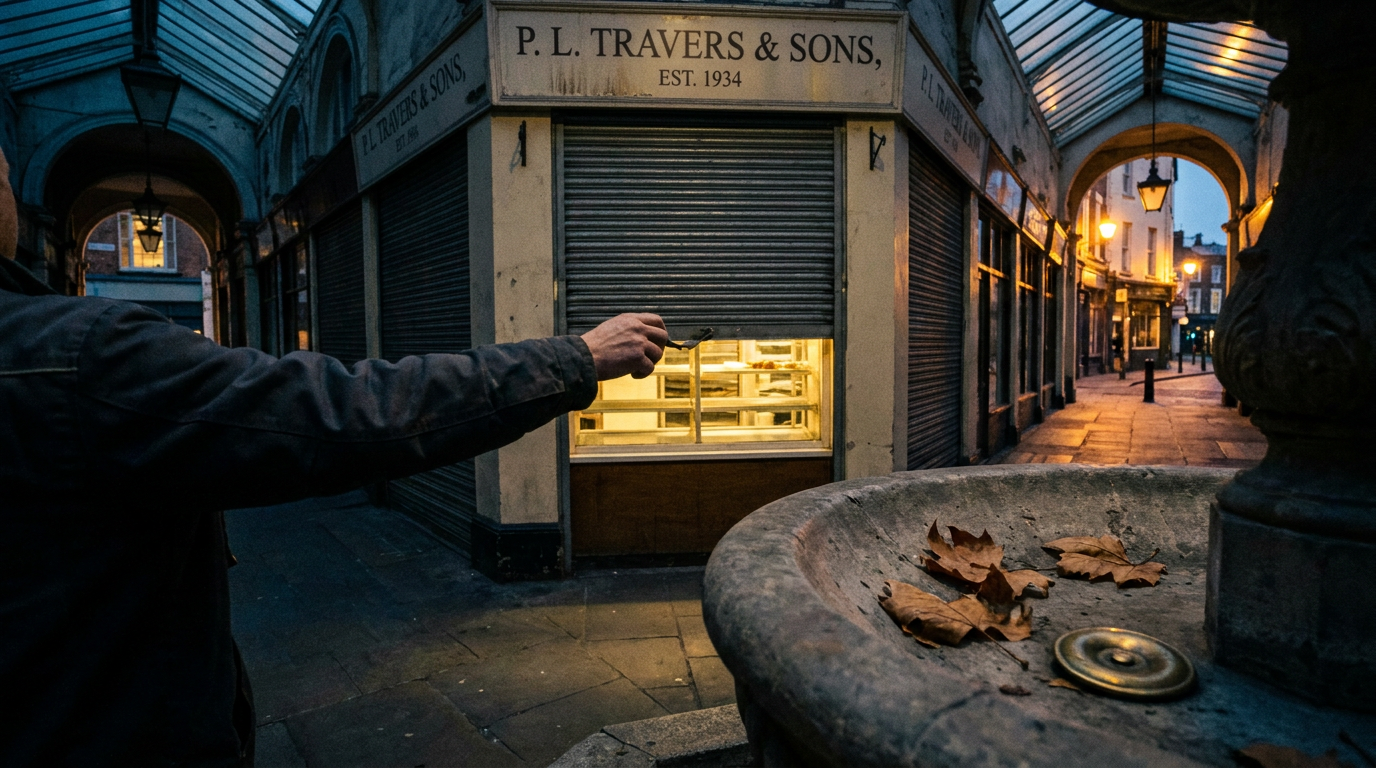 Cover photograph — The Last Announcement Cinematic cover photograph for the short story “The Last Announcement” by Z. Marlow — I lower the arcade shutters at six, beginning with the bakery and ending beside the dry fountain. The fountain has held three dead leaves a…