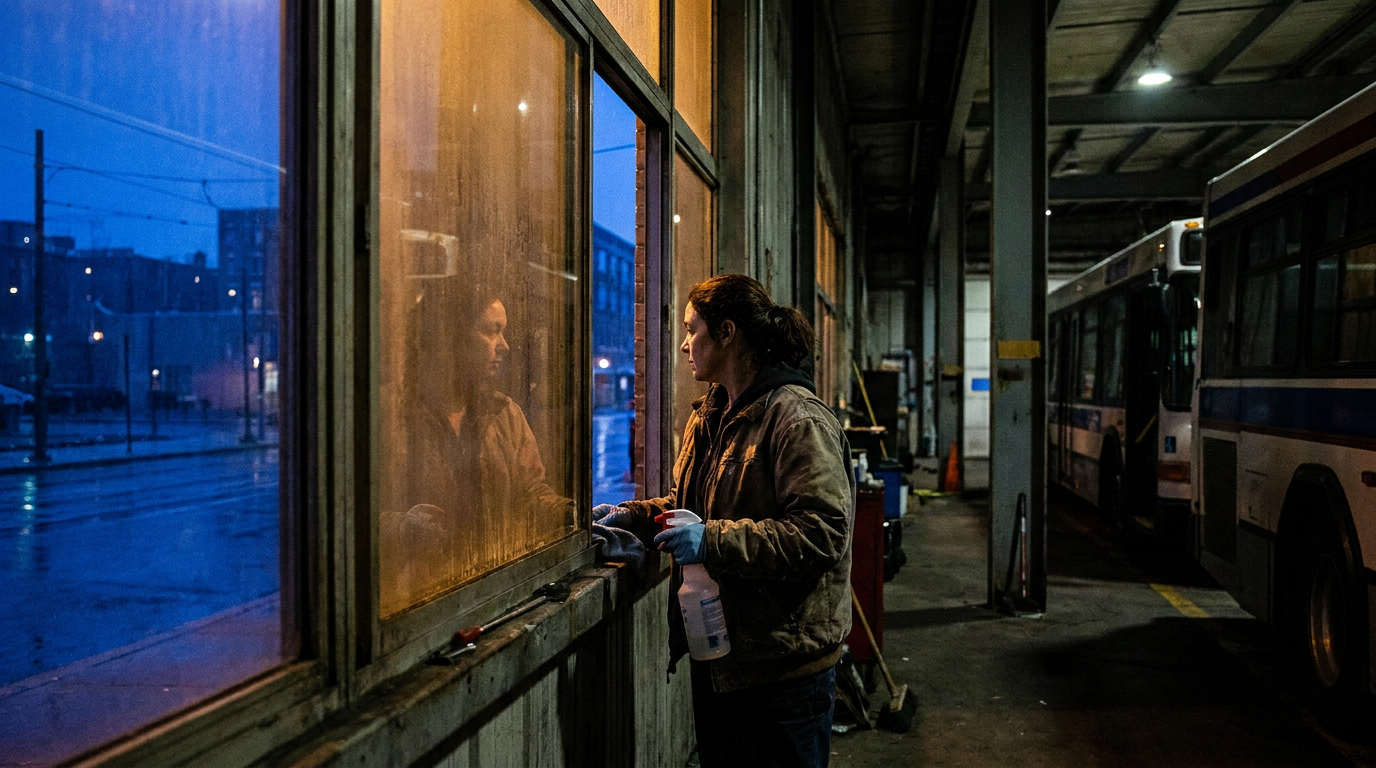 Cover photograph — Under the Amber Glass Cinematic cover photograph for the short story “Under the Amber Glass” by Z. Marlow — Mira Senn, night-bus cleaner: