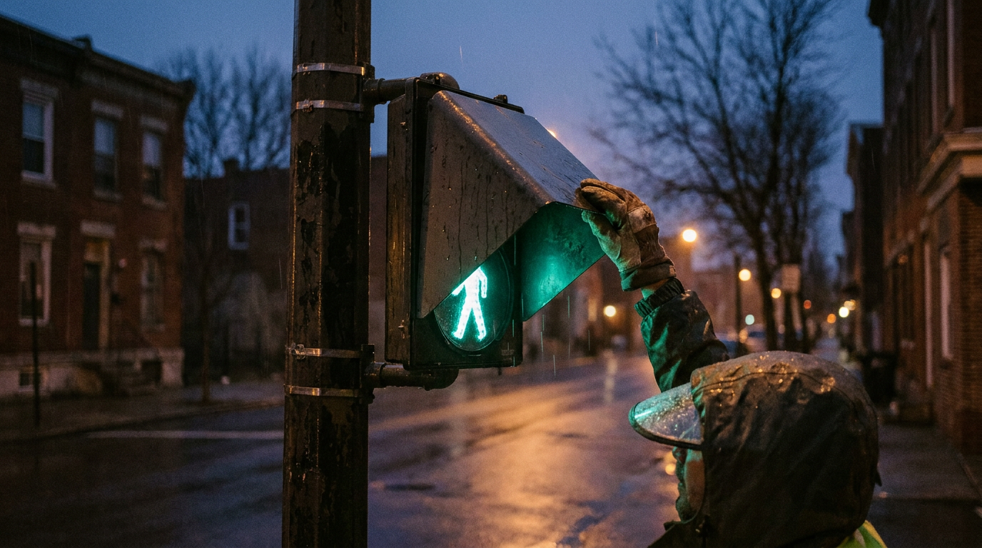 Cinematic cover photograph for the short story “The Light at Rookery” by Z. Marlow — I lift the hood from the crossing lamp while rain ticks on the plastic visor. Inside, the wiring is dry and orderly. The green light below…