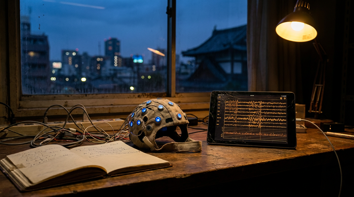 Cover photograph — The Cartography of Sleep Cinematic cover photograph for the short story “The Cartography of Sleep” by Z. Marlow — In 2027, a distributed neuroscience lab in Kyoto accidentally left a prototype EEG mesh running on 2,400 sleeping volunteers simultaneously…