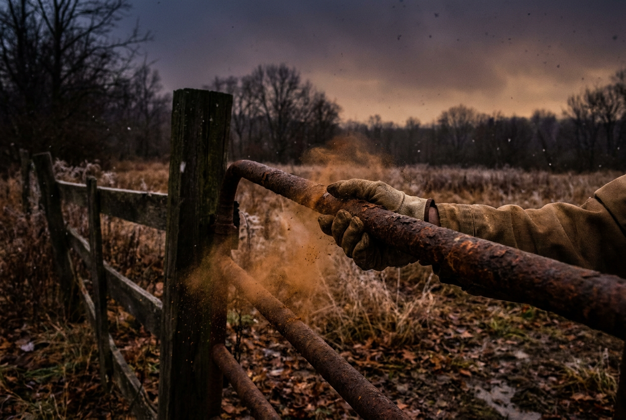 Cinematic cover photograph for the short story “The Lower Pasture” by Z. Marlow — I lift the first bar before the snow reaches us. It comes free with a cough of rust, and the smell beneath is of wet brick, old leaves, and…