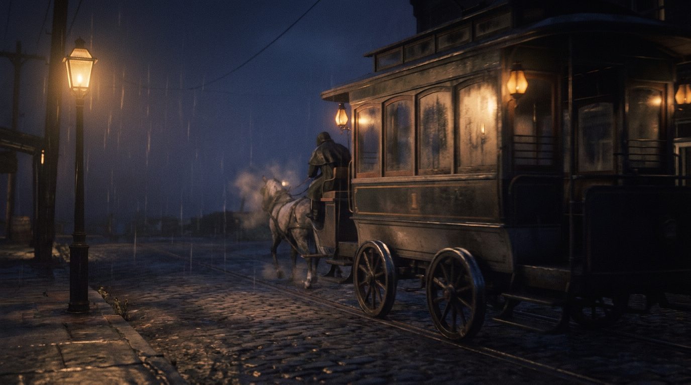 Cinematic cover photograph for the short story “Rain on the Rails” by Z. Marlow — I was taking the last horse tram back to the stables when the rain thickened over Gannet Hill. The lamps had gone soft behind their wet gla…
