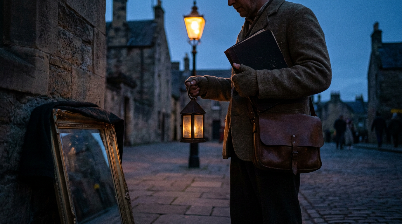 Cover photograph — The Lamplight Return Cinematic cover photograph for the short story “The Lamplight Return” by Z. Marlow — I took the western circuit after supper, carrying the black ledger and the hooded mirror. My duty is to clean the public lamps and enter wh…