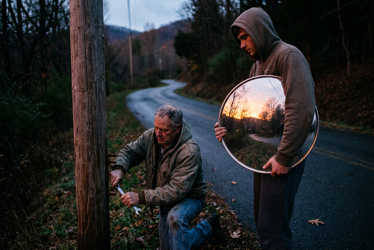 Cinematic cover photograph for the short story “The Kindness of Mirrors” by Z. Marlow — My son steadies the new road mirror against his chest while I loosen the rusted bolts at the bend
