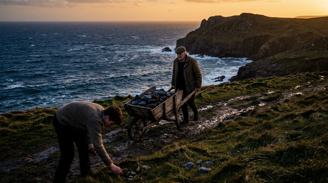 Cover photograph — The Wall at Kestrel Head Cinematic cover photograph for the short story “The Wall at Kestrel Head” by Z. Marlow — My grandfather rolled the handcart along the cliff path while I followed, gathering stones the storm had thrown into the grass