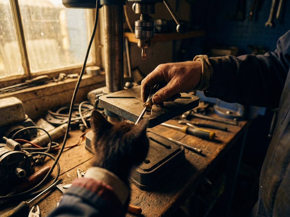 Cinematic cover photograph for the short story “What Carries the Steps” by Z. Marlow — Fig steals my screwdriver while I loosen the landing plate