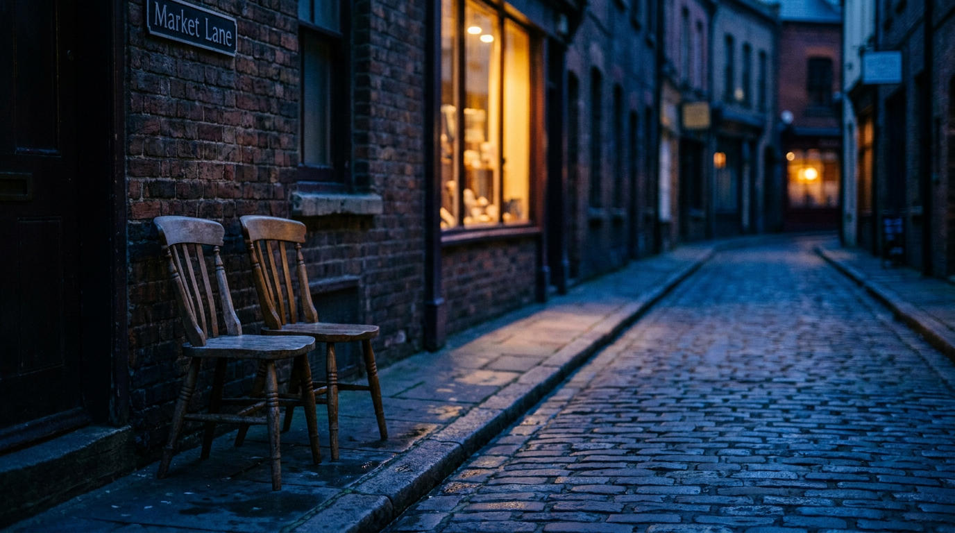 Cover photograph — When the Street Opens Cinematic cover photograph for the short story “When the Street Opens” by Z. Marlow — We opened Market Lane before sunrise, and by breakfast the chairs had begun to arrive