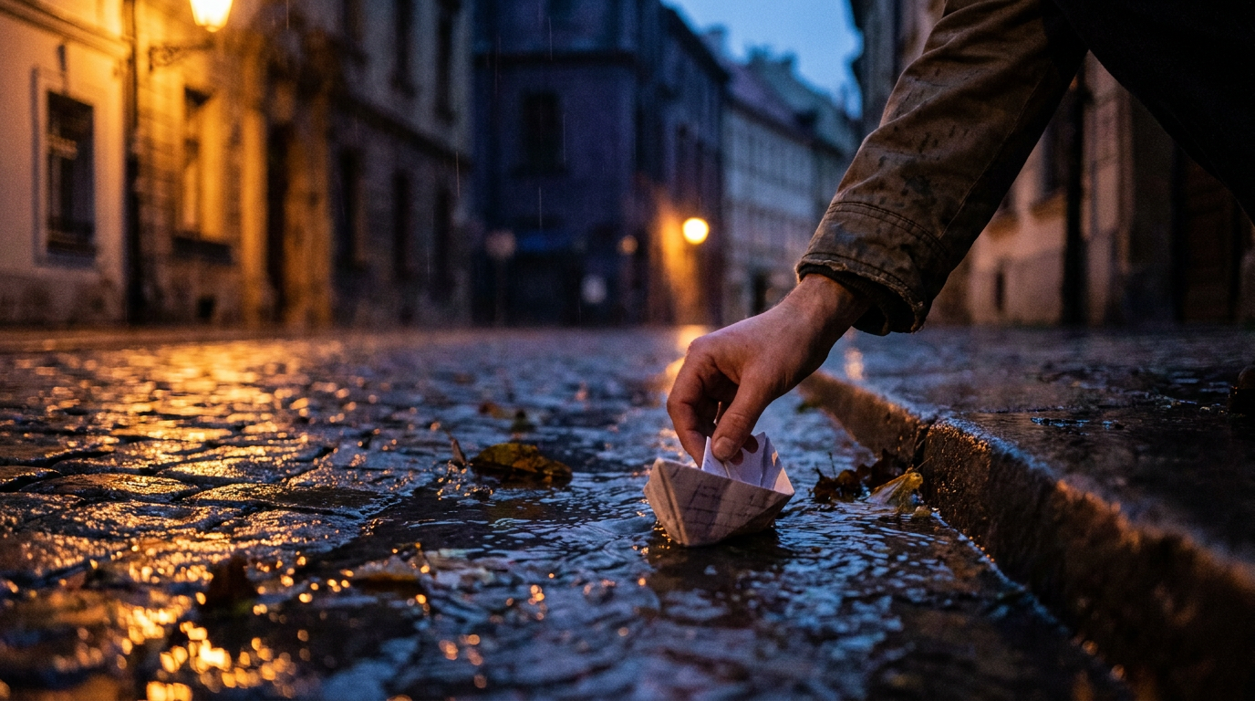 Cover photograph — Where the Rain Returns Cinematic cover photograph for the short story “Where the Rain Returns” by Z. Marlow — I release the folded boat into the gutter and watch it turn against the water