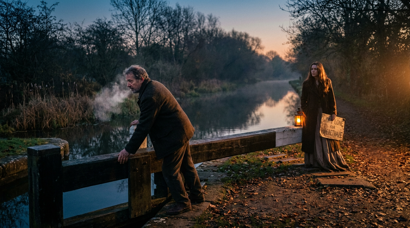 Cinematic cover photograph for the short story “Passage for Small October” by Z. Marlow — I am bringing the lower gate home when the woman steps off the towpath. She waits beside the balance beam, holding a painted board against…