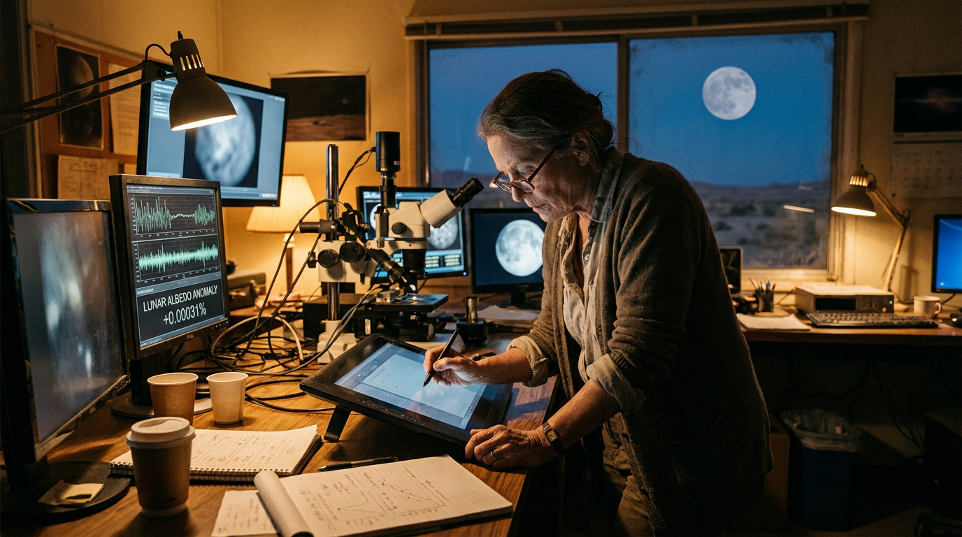 Cover photograph — The Moon’s Second Face Cinematic cover photograph for the short story “The Moon’s Second Face” by Z. Marlow — In 2041, a selenographic photometry specialist named Dr. Amara Veyr discovered that the Moon reflects 0.00031% more light than it receives