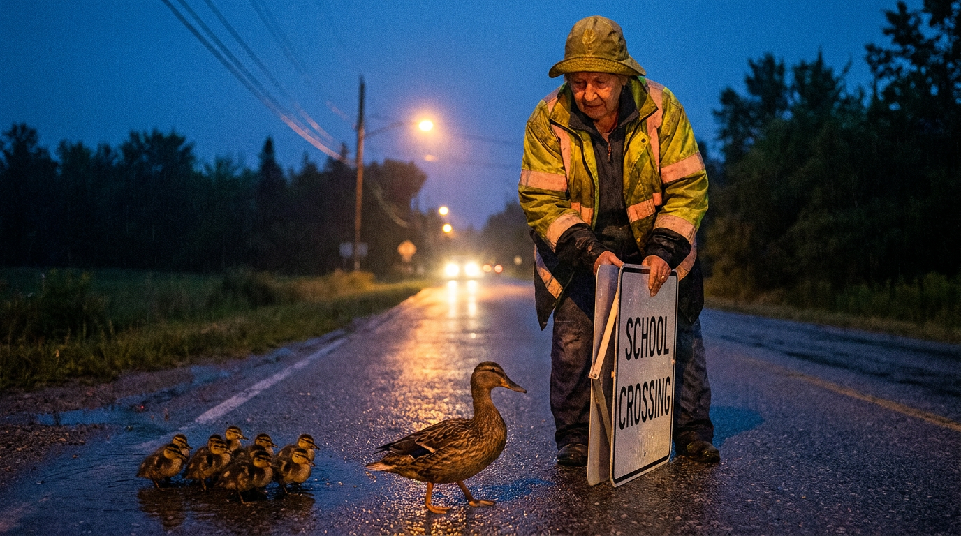 Cover photograph — The Road Underneath Cinematic cover photograph for the short story “The Road Underneath” by Z. Marlow — Irena Pell, school crossing keeper: “I was folding the warning sign when the mallard left her chicks and walked into the rain