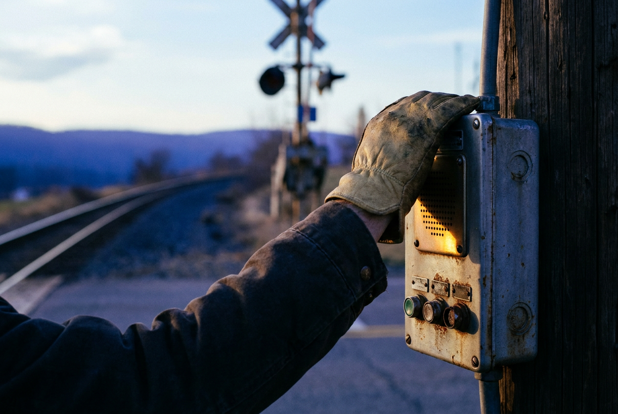 Cover photograph — The Sound for Crossing Cinematic cover photograph for the short story “The Sound for Crossing” by Z. Marlow — You are tightening the cover on the push-button box when the crossing begins to sing