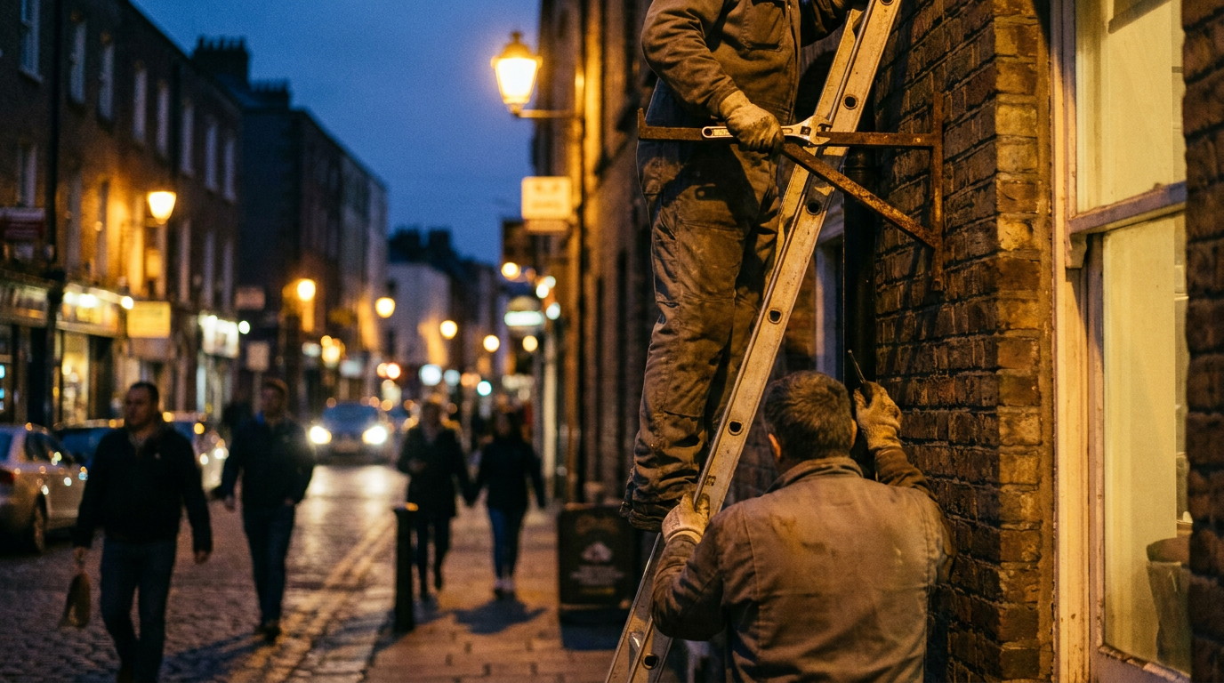 Cover photograph — The Inward Word Cinematic cover photograph for the short story “The Inward Word” by Z. Marlow — I steadied the ladder while Nella loosened the bolts above Mallow Street