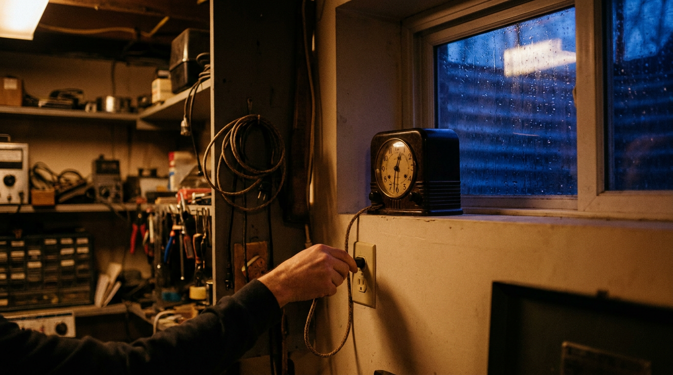 Cinematic cover photograph for the short story “Between the Strokes” by Z. Marlow — You unplug the speaking clock on a Tuesday, while rain freckles the basement windows