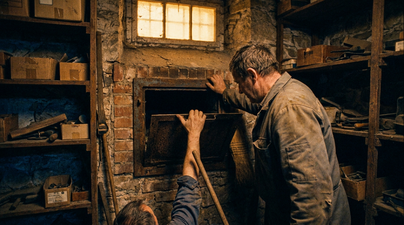 Cover photograph — The Rooms Above Cinematic cover photograph for the short story “The Rooms Above” by Z. Marlow — My father braces the refuse hatch with his shoulder while I work the broom handle upward