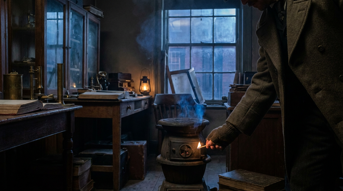Cover photograph — The Brass Errand Cinematic cover photograph for the short story “The Brass Errand” by Z. Marlow — 1. Carry the morning float downstairs before Mr. Pritch unlocks the street doors. The counting room will be cold. Light the small stove, bu…