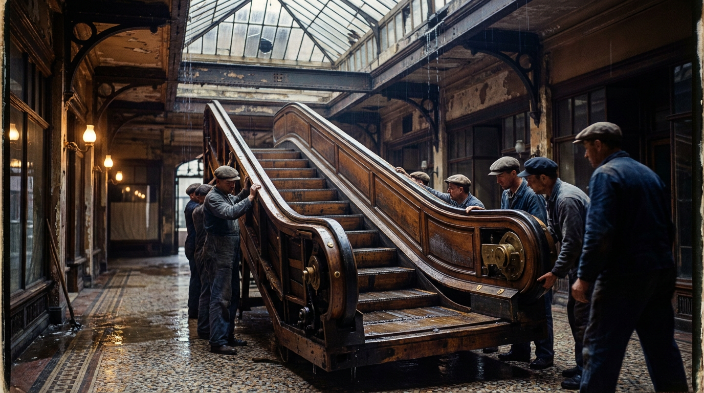 Cover photograph — The Lower Journey Cinematic cover photograph for the short story “The Lower Journey” by Z. Marlow — I helped lift the wooden escalator out of Bellwether Arcade when rain began coming through the roof