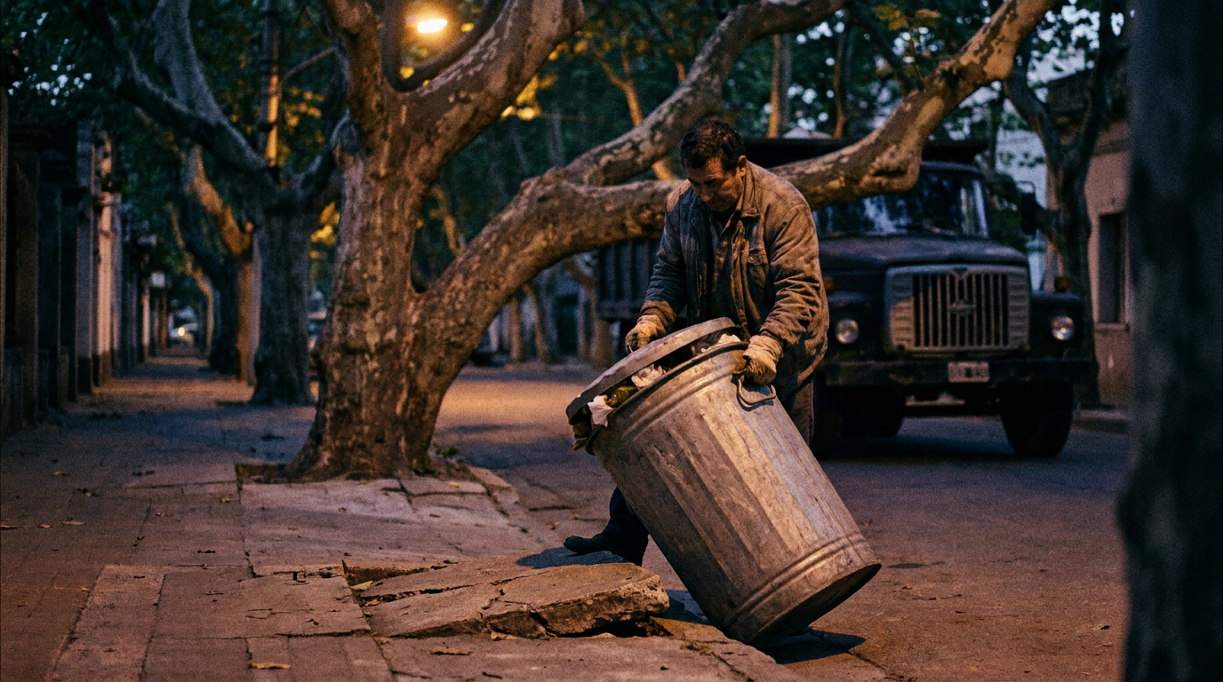 Cinematic cover photograph for the short story “The Early Bins” by Z. Marlow — Begin at the corner where the pavement lifts under the plane tree. The lorry cannot pass there without striking the low branch, no matter w…
