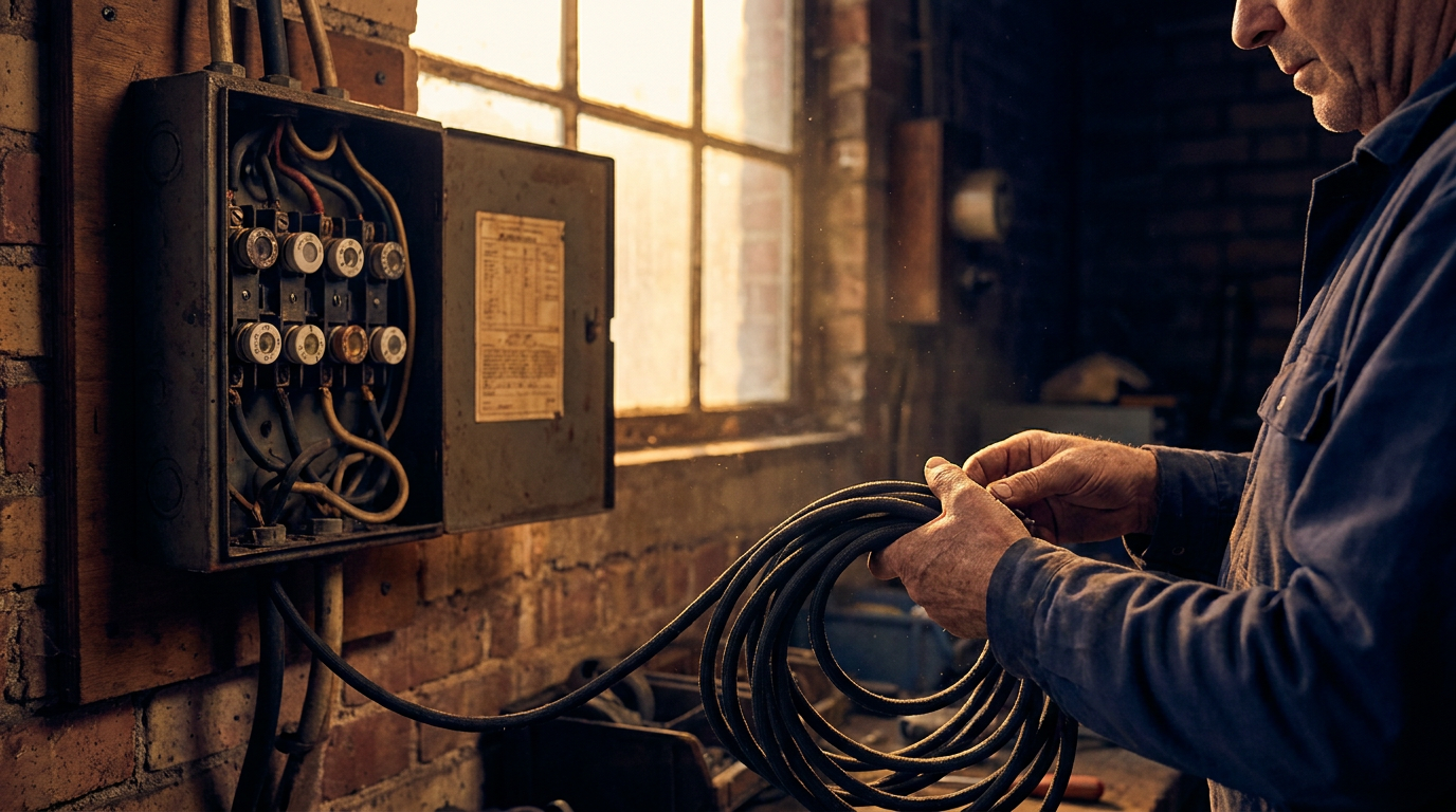 Cover photograph — The Waiting Wire Cinematic cover photograph for the short story “The Waiting Wire” by Z. Marlow — I was coiling the extension lead when the fuse box laughed