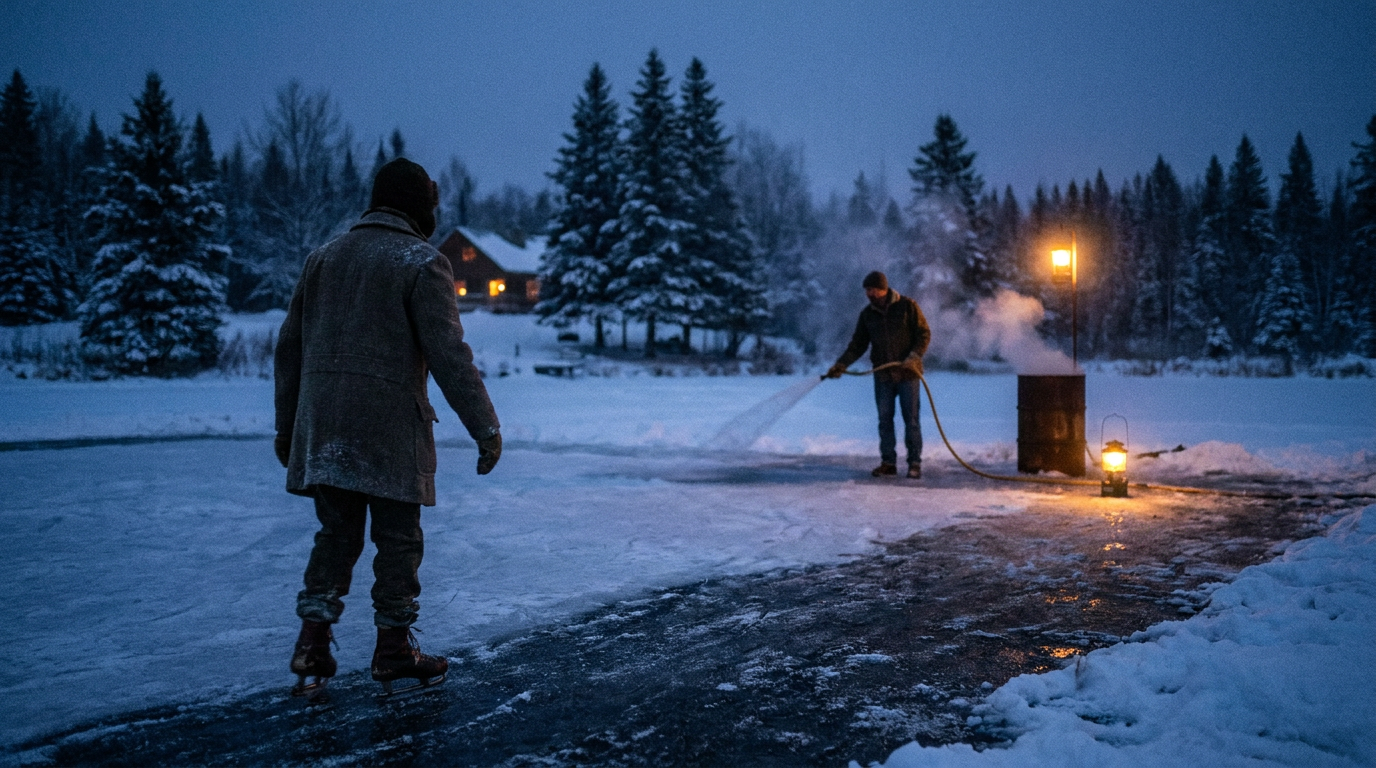Cover photograph — The Rooms Beneath Winter Cinematic cover photograph for the short story “The Rooms Beneath Winter” by Z. Marlow — I skated the outer edge while my father flooded the rink
