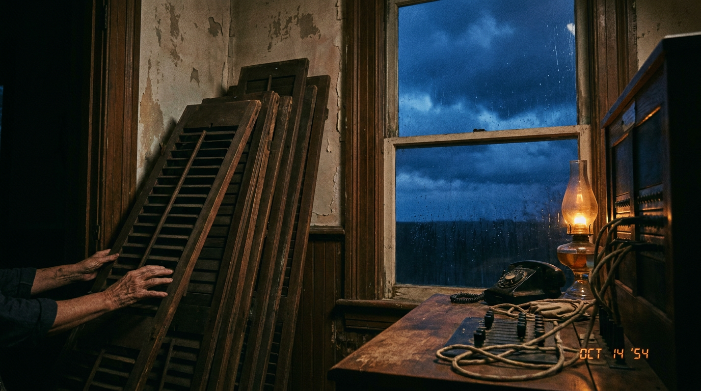 Cover photograph — The Home Line Cinematic cover photograph for the short story “The Home Line” by Z. Marlow — My mother carried the storm shutters inside before the rain reached the exchange