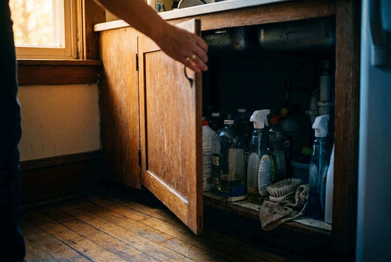 Cover photograph — The Wall Between Kitchens Cinematic cover photograph for the short story “The Wall Between Kitchens” by Z. Marlow — I took the cleaning bottles out from under the sink before the plumber arrived