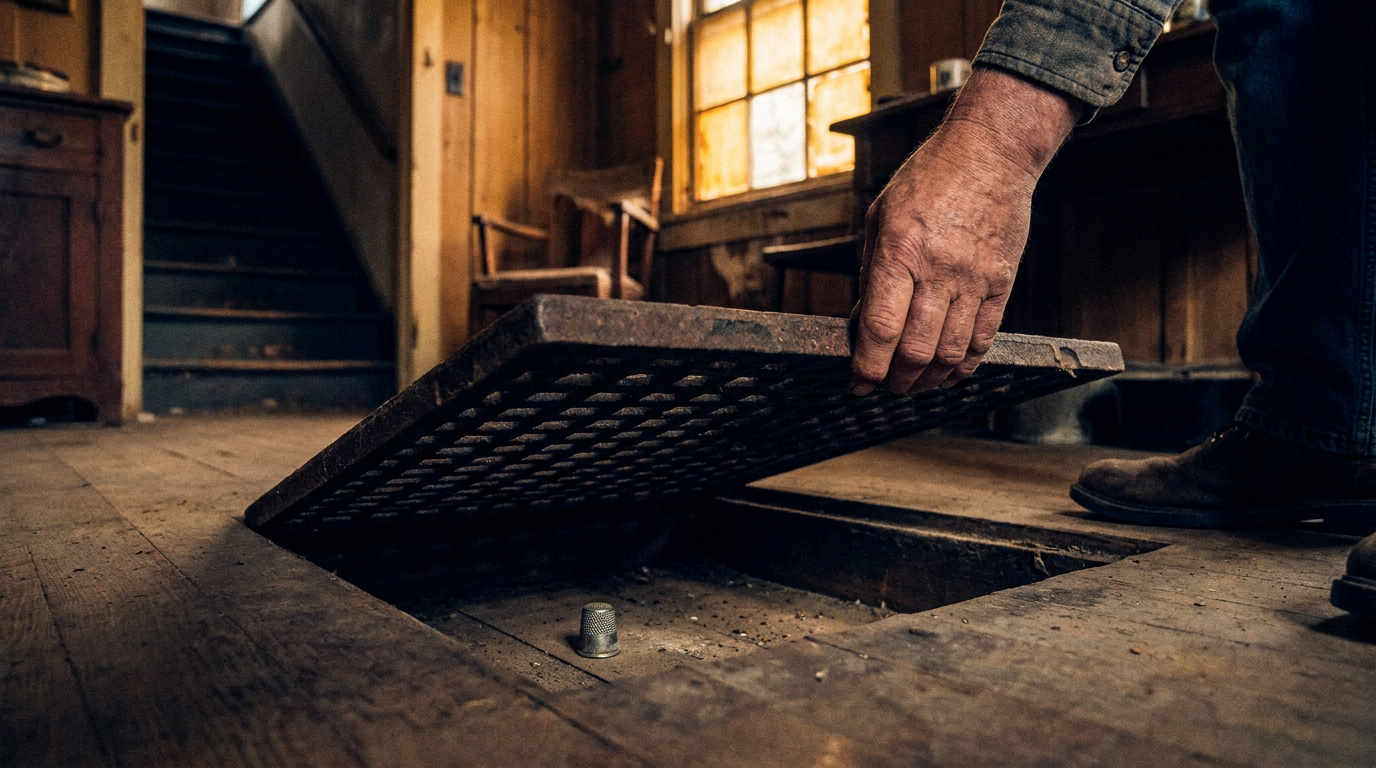 Cover photograph — Before the Sound Arrives Cinematic cover photograph for the short story “Before the Sound Arrives” by Z. Marlow — You lift the grate to retrieve your thimble and hear the cup break downstairs