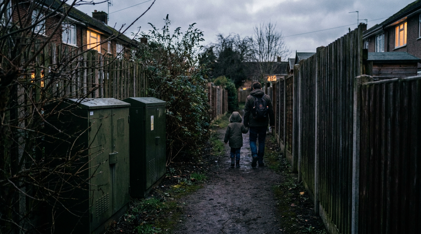 Cinematic cover photograph for the short story “The Hush Box” by Z. Marlow — I take my son home by the longer path when the playing field is muddy. The path runs behind the houses, between wet fences and a row of tel…