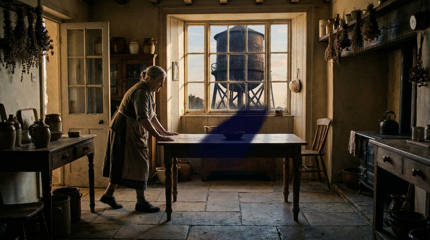 Cover photograph — The Shape at Tea Cinematic cover photograph for the short story “The Shape at Tea” by Z. Marlow — Grandmother moved the kitchen table every afternoon to keep it inside the water tower’s shadow