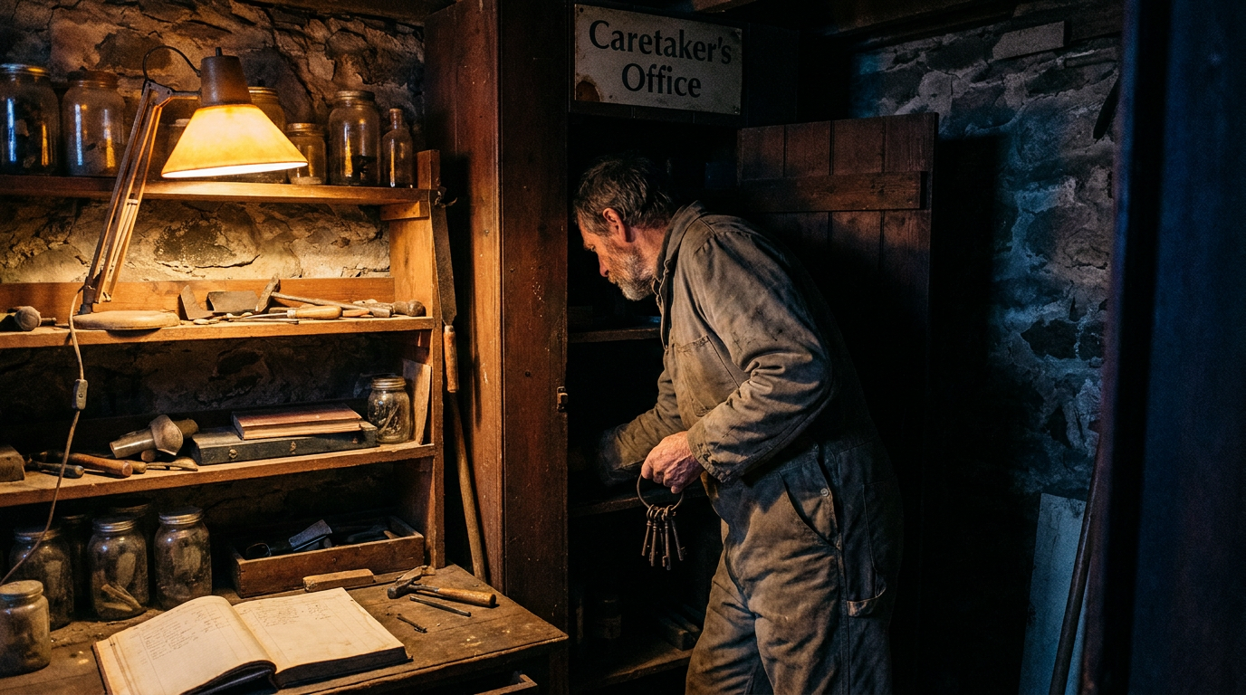 Cinematic cover photograph for the short story “The Narrow Cupboard” by Z. Marlow — Leon Marr, building caretaker: