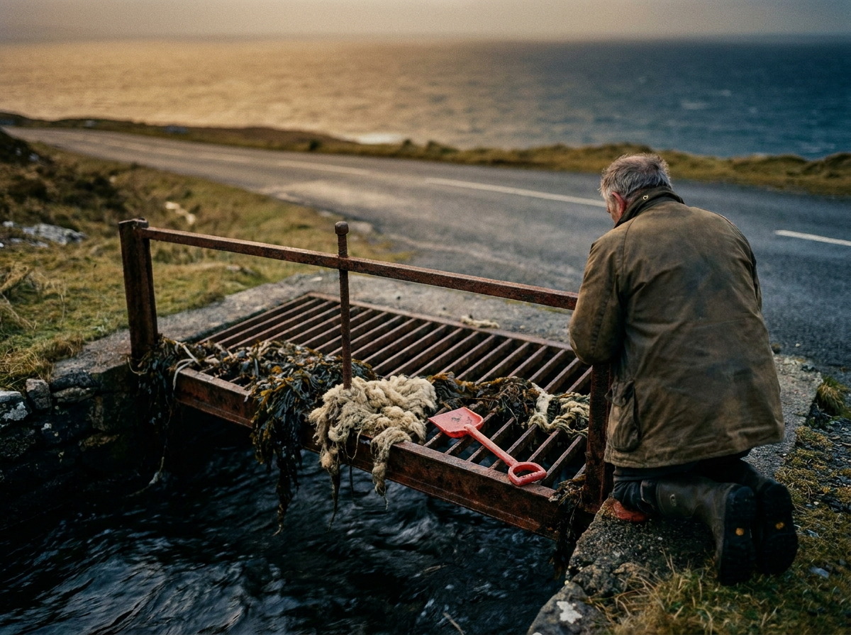 Cover photograph — The Landward Face Cinematic cover photograph for the short story “The Landward Face” by Z. Marlow — I cleared the eastern tide gate this morning, kneeling where the coast road passes over the black channel. The storm had packed the grate w…