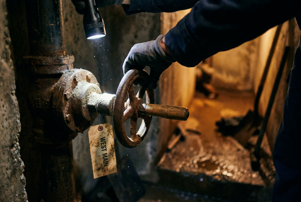 Cover photograph — What the Main Remembered Cinematic cover photograph for the short story “What the Main Remembered” by Z. Marlow — I turn the wheel until the pipe knocks beneath the road. That is how I know the west main is closed, whatever the men with newer keys may t…