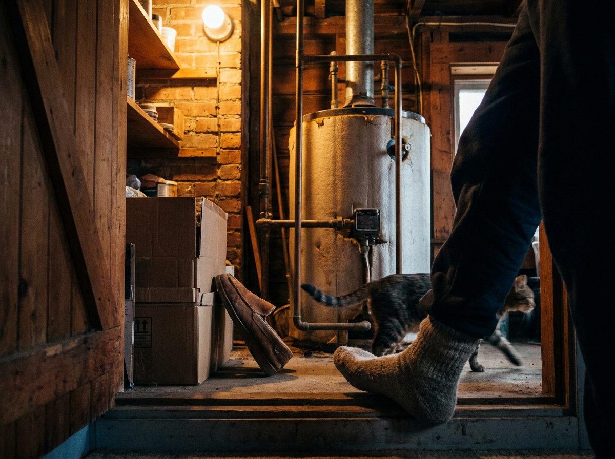 Cover photograph — Where Warmth Returns Cinematic cover photograph for the short story “Where Warmth Returns” by Z. Marlow — You follow Juniper into the boiler cupboard because she has taken your left slipper there again