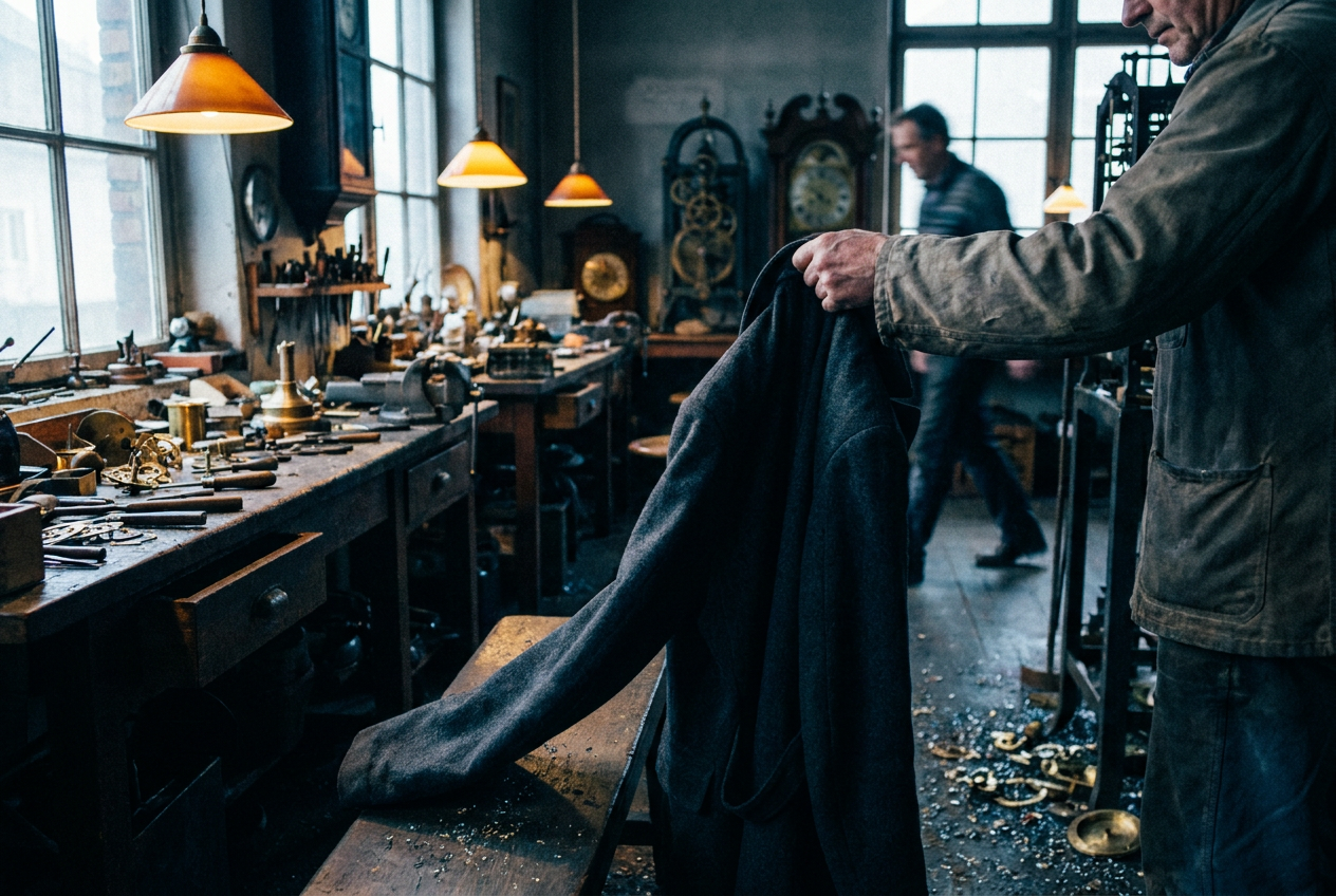 Cinematic cover photograph for the short story “The Minutes We Mislay” by Z. Marlow — I kept the clocks moving while they carried your son’s coat out of the winding room. It was folded over the porter’s arm, though not neatly…