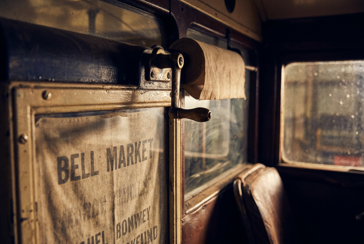 Cover photograph — The Homeward Blind Cinematic cover photograph for the short story “The Homeward Blind” by Z. Marlow — Nell Arrow, driver: “I was winding the destination blind when the word came down. Those old blinds were linen, stiff with dust and tobacco.…
