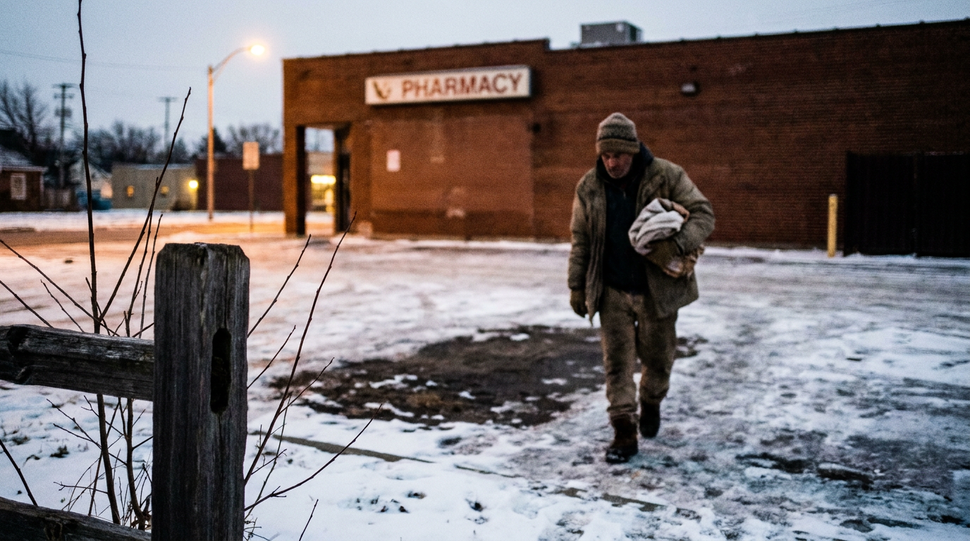 Cinematic cover photograph for the short story “The Hearth Under Snow” by Z. Marlow — Each morning, Asta carries something to the bare patch behind the pharmacy