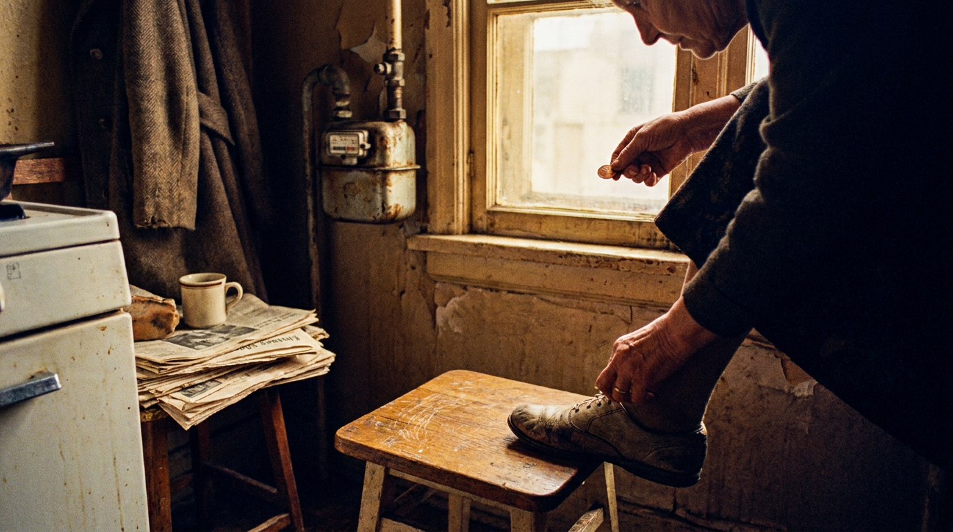 Cover photograph — Six Days of Gas Cinematic cover photograph for the short story “Six Days of Gas” by Z. Marlow — Mother pushed the stool beneath the meter and climbed with a penny tucked into her palm