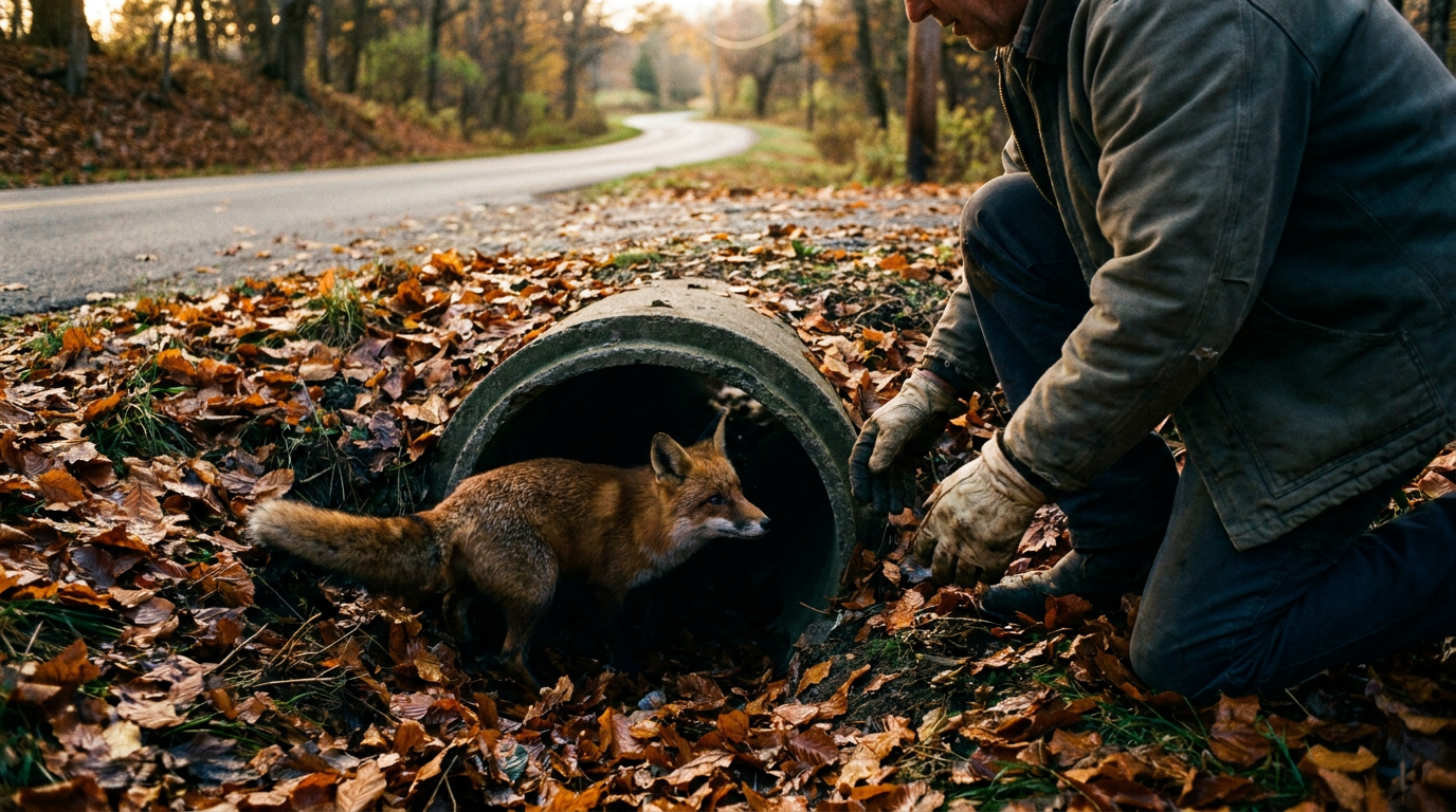Cover photograph — Where the Road Drinks Cinematic cover photograph for the short story “Where the Road Drinks” by Z. Marlow — I was clearing leaves from the culvert when the fox came out