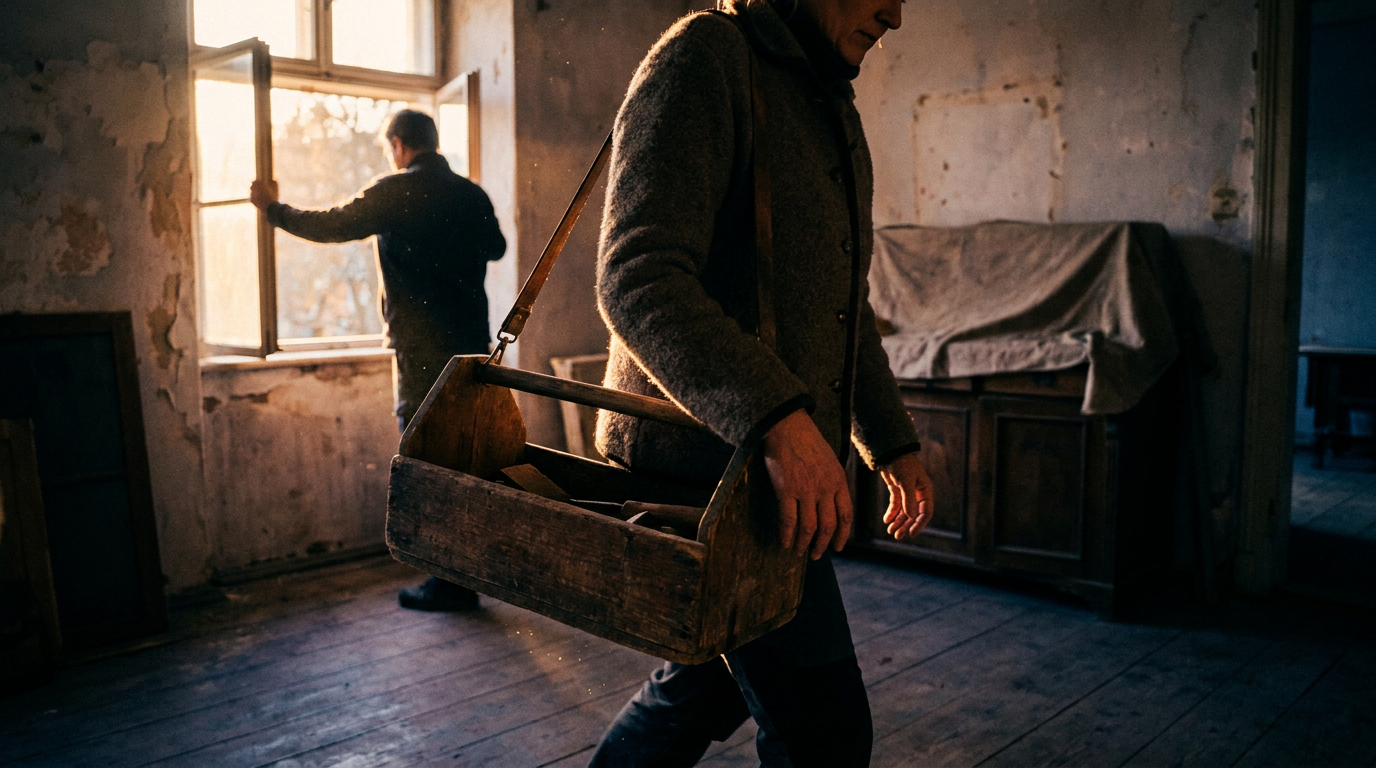 Cover photograph — The Marks in Pearwood Cinematic cover photograph for the short story “The Marks in Pearwood” by Z. Marlow — Mara carried the carpenter’s basket through the empty rooms while Tomas opened the shutters behind her